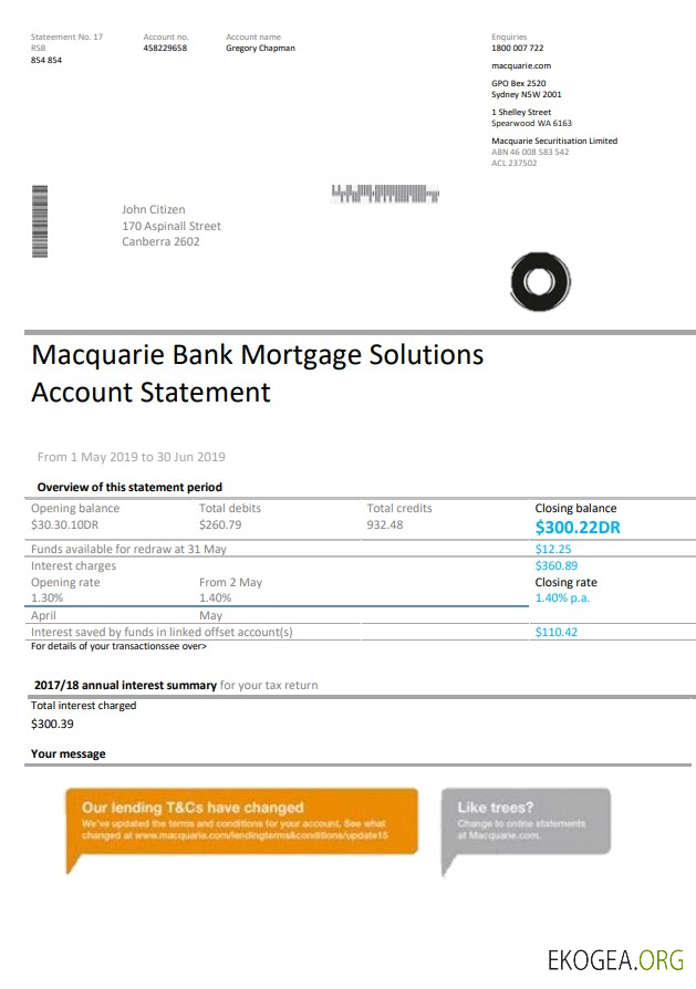 Modèle de relevé bancaire de justificatif de domicile Australie Macquaire au format Word et PDF (.doc et .pdf)